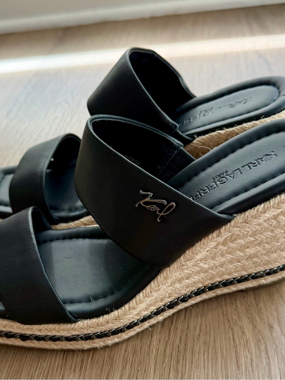 Karl Lagerfeld Black Leather Espadrille Wedge Slide Sandals